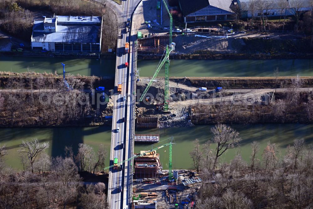 München from above - Construction site for a new replacement building for the renovation, renewal and repair of the bridge structure of Isarbruecke on street Herzog-Heinrich-Bruecke in the district Freimann in Munich in the state Bavaria, Germany