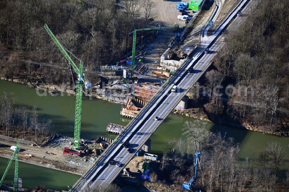 Aerial image München - Construction site for a new replacement building for the renovation, renewal and repair of the bridge structure of Isarbruecke on street Herzog-Heinrich-Bruecke in the district Freimann in Munich in the state Bavaria, Germany