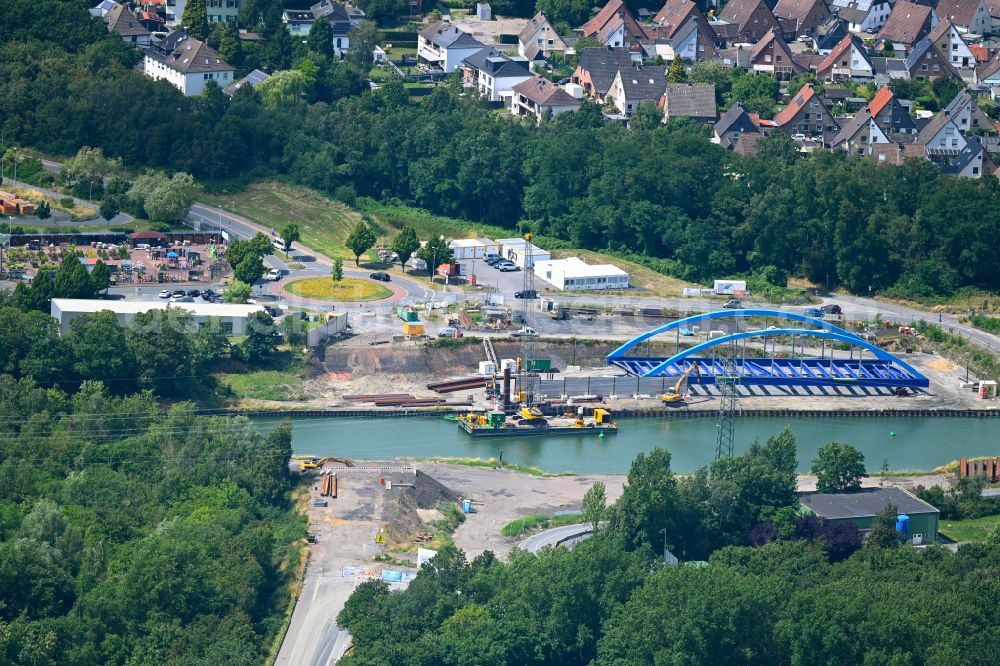 Datteln from above - Construction site for a new replacement building for the renovation, renewal and repair of the bridge structure Loeringhofbruecke on street Im Loeringhof in Datteln at Ruhrgebiet in the state North Rhine-Westphalia, Germany
