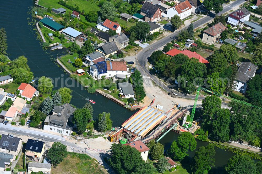 Aerial photograph Woltersdorf - Construction site for a new replacement building for the renovation, renewal and repair of the bridge structure Ruedersdorfer Strasse in Woltersdorf in the state Brandenburg, Germany