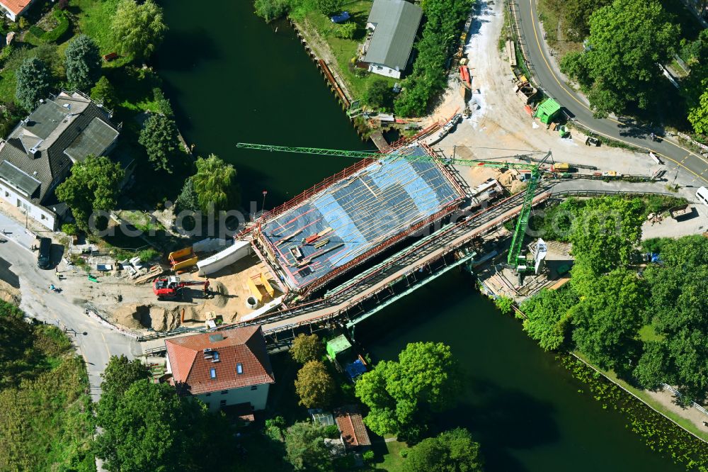 Aerial image Woltersdorf - Construction site for a new replacement building for the renovation, renewal and repair of the bridge structure Ruedersdorfer Strasse in Woltersdorf in the state Brandenburg, Germany