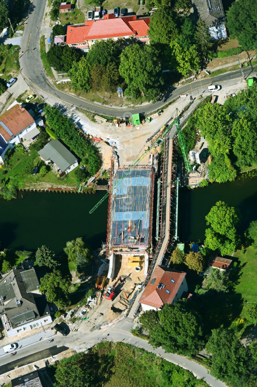 Woltersdorf from above - Construction site for a new replacement building for the renovation, renewal and repair of the bridge structure Ruedersdorfer Strasse in Woltersdorf in the state Brandenburg, Germany