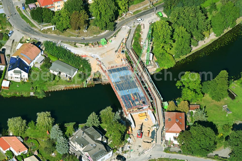 Aerial image Woltersdorf - Construction site for a new replacement building for the renovation, renewal and repair of the bridge structure Ruedersdorfer Strasse in Woltersdorf in the state Brandenburg, Germany