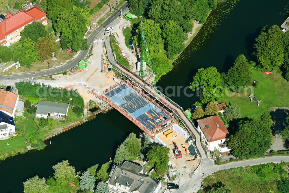 Aerial photograph Woltersdorf - Construction site for a new replacement building for the renovation, renewal and repair of the bridge structure Ruedersdorfer Strasse in Woltersdorf in the state Brandenburg, Germany