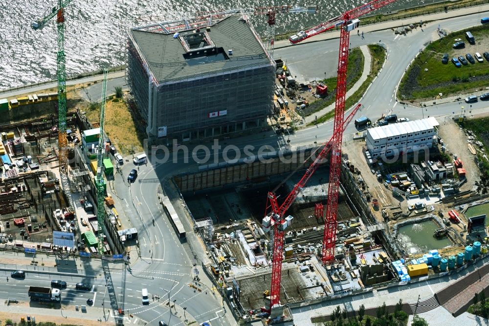 Hamburg from above - Construction site with piling works for the foundation slab of a new building Kirchenpauerstrasse - Amerigo-Vespucci-Platz in the district HafenCity in Hamburg, Germany