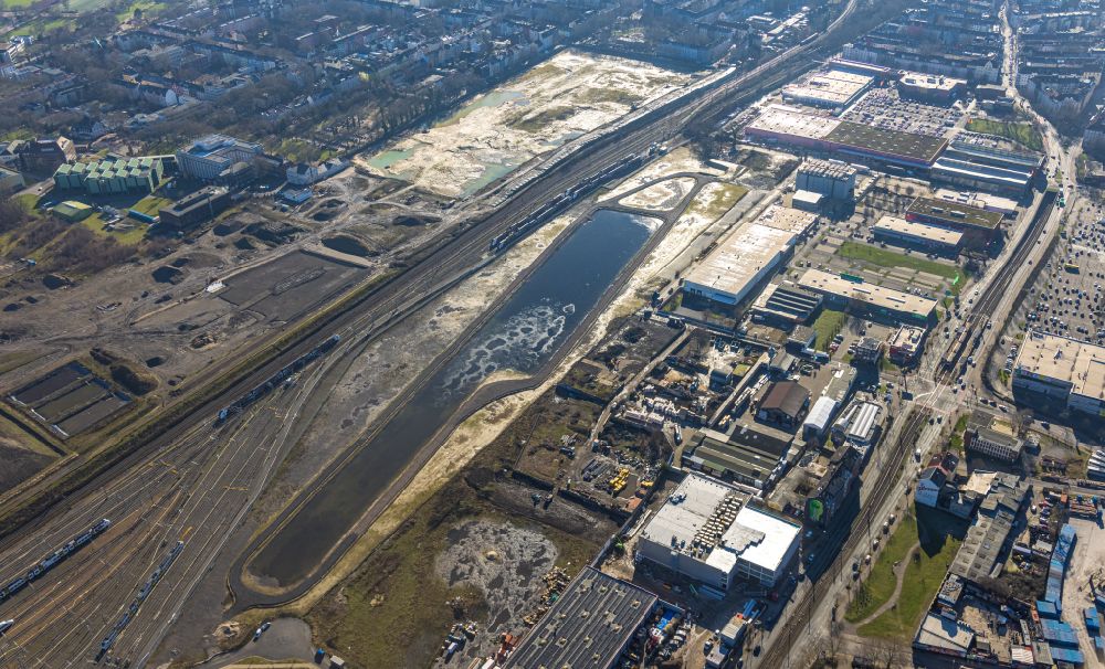 Aerial photograph Dortmund - Development work at the building of the RRX- depot on Bornstrasse in Dortmund at Ruhrgebiet in the state North Rhine-Westphalia
