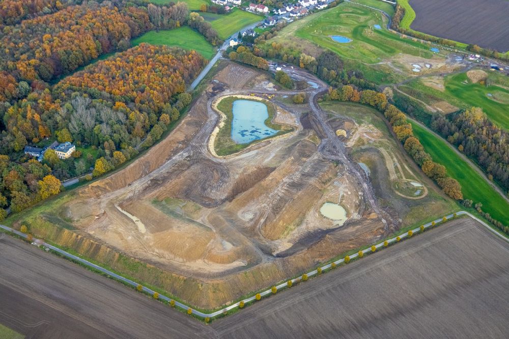 Holte from above - Construction site with development, priming, earthwork and embankment work for the construction of a new golf park on the Noerenbergstrasse in Holtein the state North Rhine-Westphalia, Germany