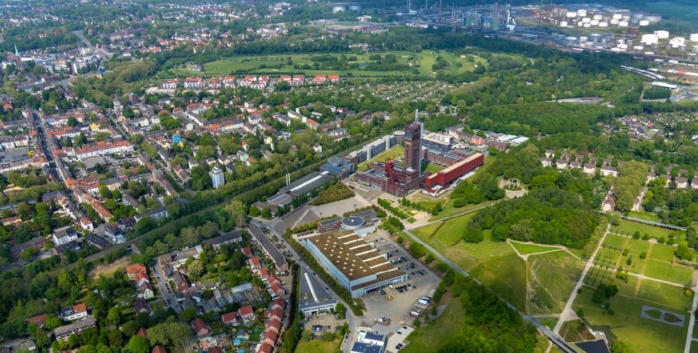 Gelsenkirchen from the bird's eye view: Observation tower on the Office building of the administrative and business center of Vivawest Wohnen GmbH, headquartered in Nordsternpark on the former Nordstern colliery in Gelsenkirchen in North Rhine-Westphalia