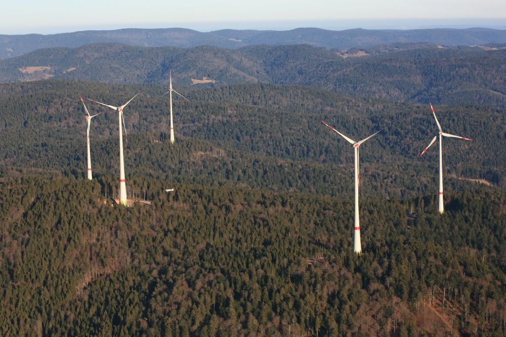 Aerial photograph Schopfheim - On the Rohrenkopf, the local mountain of Gersbach, a district of Schopfheim in Baden-Wuerttemberg, five wind turbines have started operation. It is the first wind farm in the south of the Black Forest