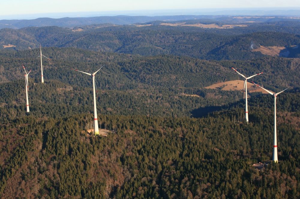 Schopfheim from above - On the Rohrenkopf, the local mountain of Gersbach, a district of Schopfheim in Baden-Wuerttemberg, five wind turbines have started operation. It is the first wind farm in the south of the Black Forest