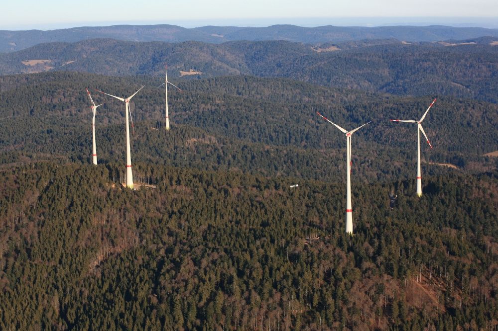 Schopfheim from the bird's eye view: On the Rohrenkopf, the local mountain of Gersbach, a district of Schopfheim in Baden-Wuerttemberg, five wind turbines have started operation. It is the first wind farm in the south of the Black Forest