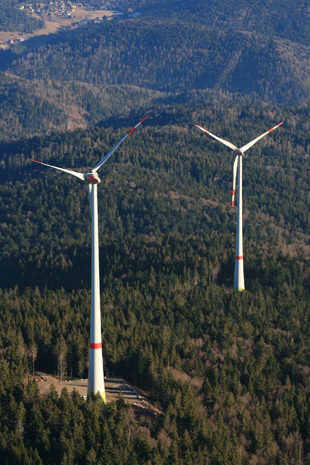 Aerial image Schopfheim - On the Rohrenkopf, the local mountain of Gersbach, a district of Schopfheim in Baden-Wuerttemberg, wind turbines have started operation. It is the first wind farm in the south of the Black Forest