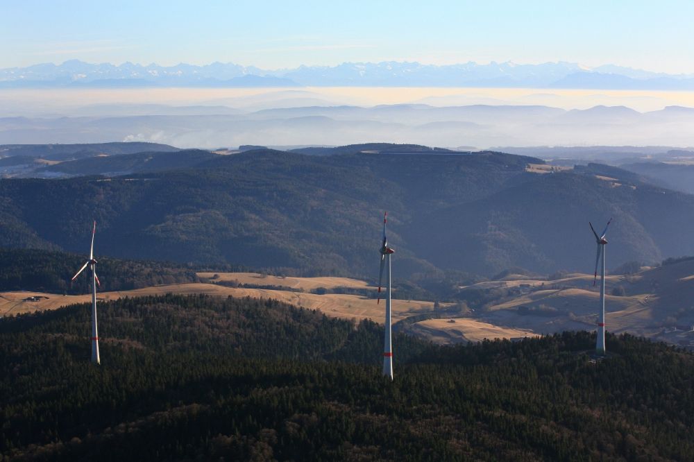 Schopfheim from above - On the Rohrenkopf, the local mountain of Gersbach, a district of Schopfheim in Baden-Wuerttemberg, wind turbines have started operation. It is the first wind farm in the south of the Black Forest