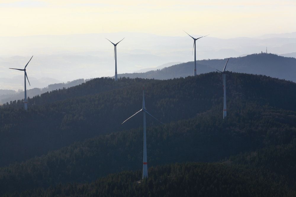 Aerial image Schopfheim - On the Rohrenkopf, the local mountain of Gersbach, a district of Schopfheim in Baden-Wuerttemberg, wind turbines have started operation. It is the first wind farm in the south of the Black Forest