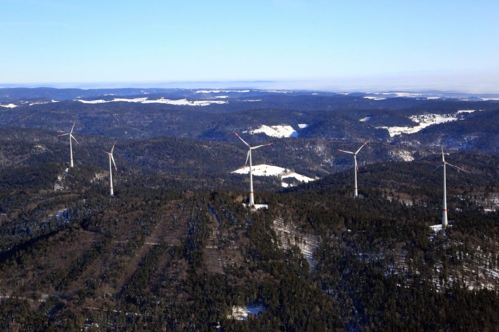 Schopfheim from above - On the snow covered Rohrenkopf, the local mountain of Gersbach, a district of Schopfheim in Baden-Wuerttemberg, wind turbines have started operation. It is the first wind farm in the south of the Black Forest