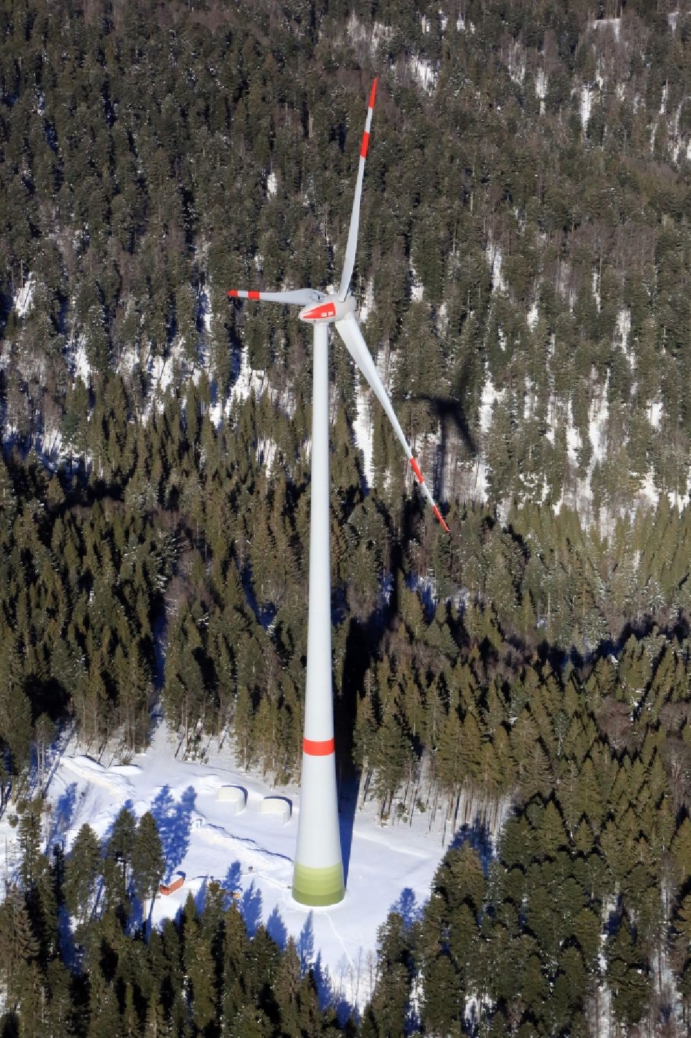 Schopfheim from the bird's eye view: On the snow covered Rohrenkopf, the local mountain of Gersbach, a district of Schopfheim in Baden-Wuerttemberg, wind turbines have started operation. It is the first wind farm in the south of the Black Forest