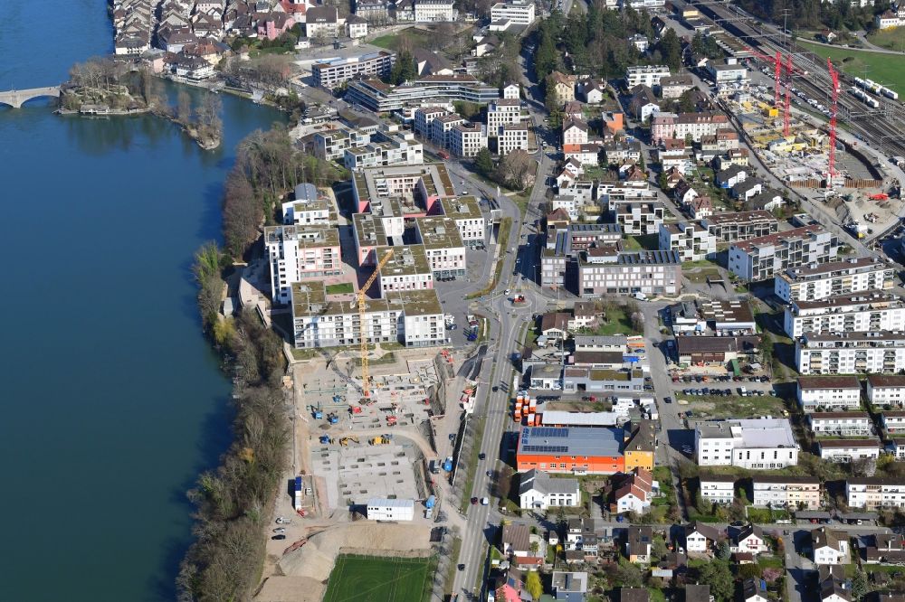 Aerial image Rheinfelden - Expansion of the residential and commercial building district Salmenpark at the river Rhine in Rheinfelden in the canton Aargau, Switzerland
