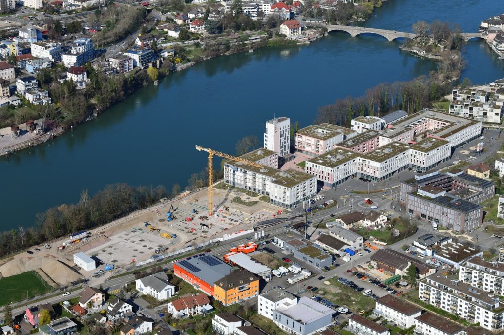 Aerial photograph Rheinfelden - Expansion of the residential and commercial building district Salmenpark at the river Rhine in Rheinfelden in the canton Aargau, Switzerland