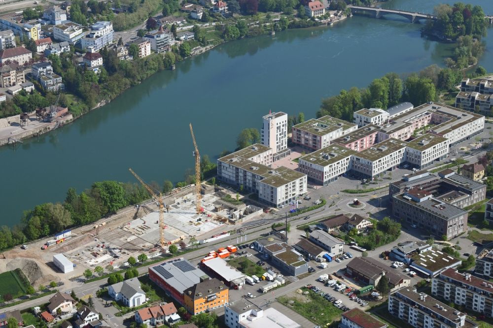Rheinfelden from above - Expansion of the residential and commercial building district Salmenpark at the river Rhine in Rheinfelden in the canton Aargau, Switzerland