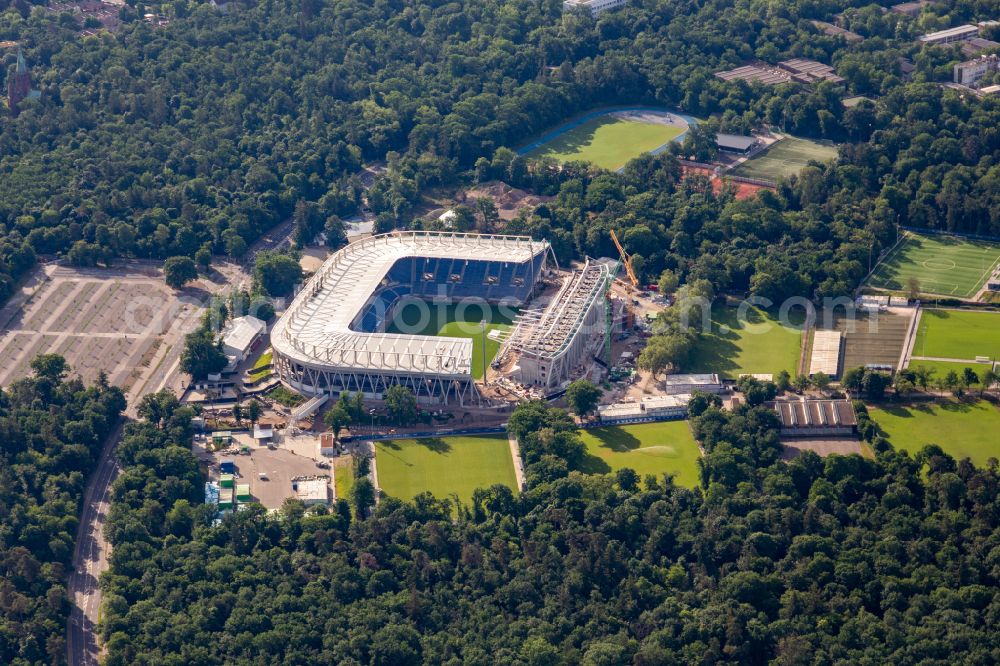 Aerial image Karlsruhe - Construction site for the grandstand extension on the sports facility grounds of the arena of the Wildparkstadion stadium of the Karlsruher Sport-Club e.V. on the Adenauerring in Karlsruhe in the state Baden-Wuerttemberg, Germany