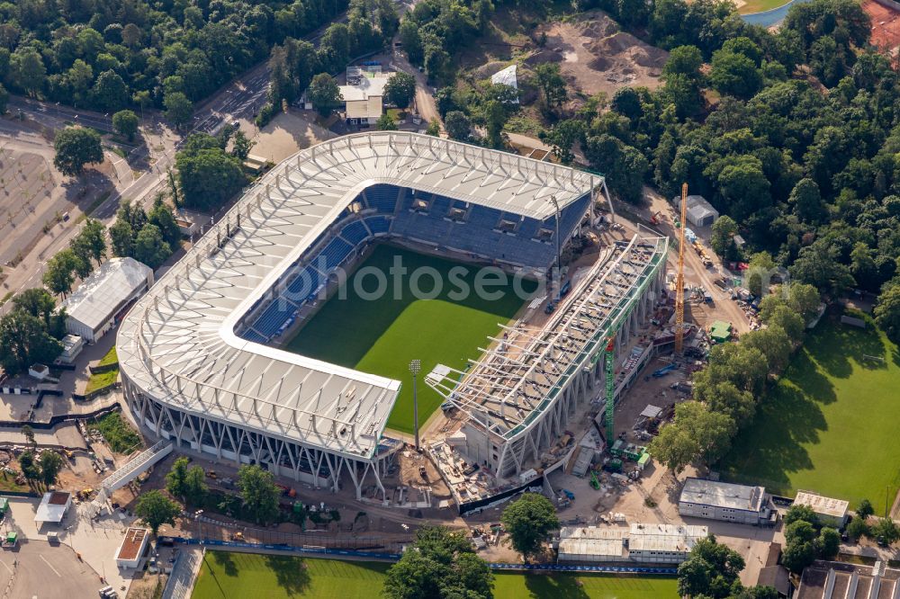 Aerial photograph Karlsruhe - Construction site for the grandstand extension on the sports facility grounds of the arena of the Wildparkstadion stadium of the Karlsruher Sport-Club e.V. on the Adenauerring in Karlsruhe in the state Baden-Wuerttemberg, Germany