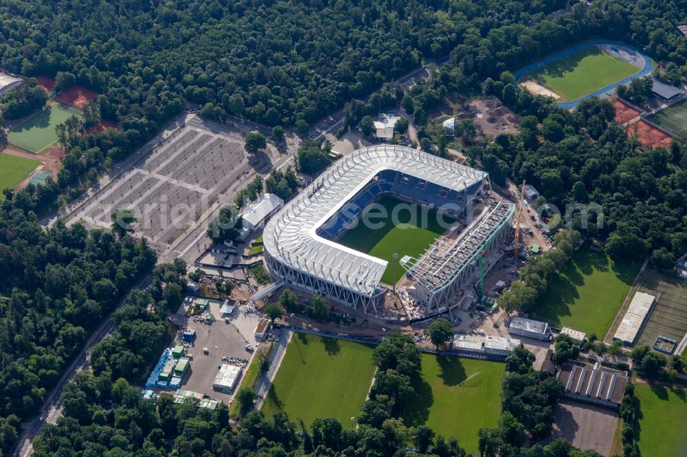 Karlsruhe from above - Construction site for the grandstand extension on the sports facility grounds of the arena of the Wildparkstadion stadium of the Karlsruher Sport-Club e.V. on the Adenauerring in Karlsruhe in the state Baden-Wuerttemberg, Germany