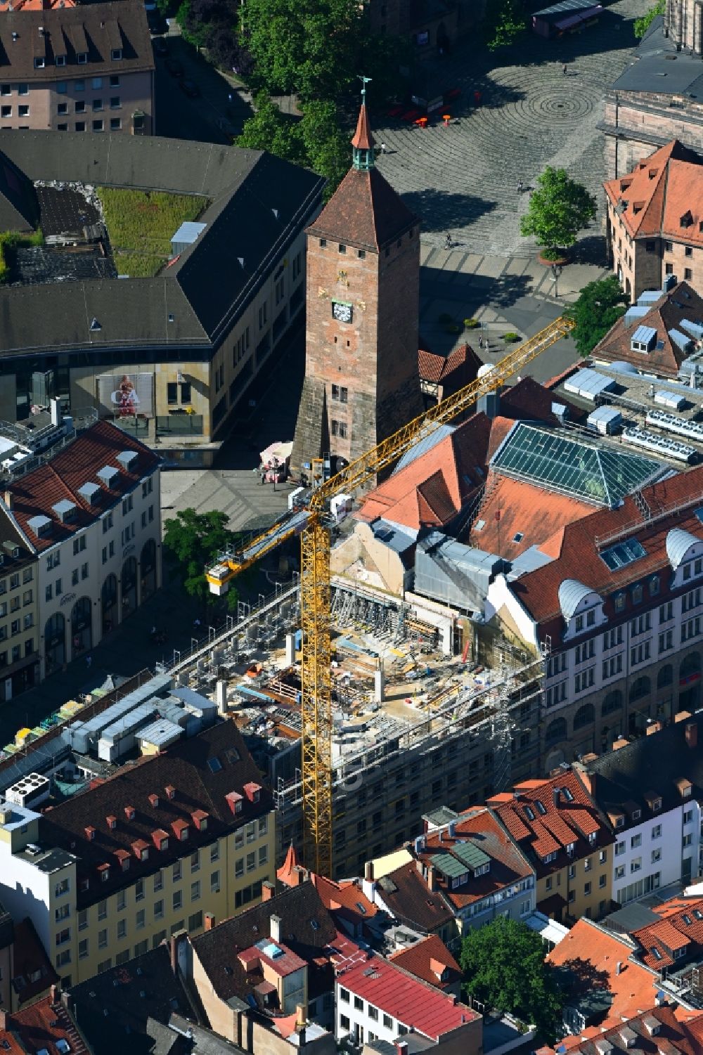 Aerial image Nürnberg - Revitalization and expansion construction at the building complex of the shopping center of Woehrl AG in the district Altstadt - Sankt Lorenz in Nuremberg in the state Bavaria, Germany