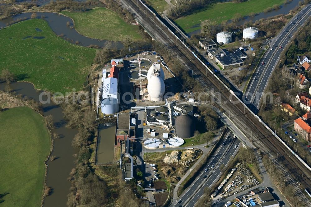 Hannover from the bird's eye view: New construction site and extension of the sewage treatment basins and purification stages Klaerwerk Herrenhausen in the district Herrenhausen in Hannover in the state Lower Saxony, Germany
