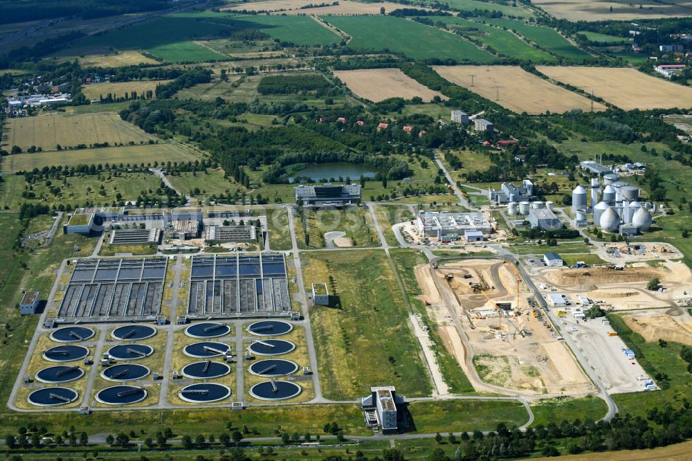 Schönefeld from above - New construction site and extension of the sewage treatment basins and purification stages Berliner Wasserbetriebe Klaerwerk Wassmannsdorf in Wassmannsdorf in the state Brandenburg, Germany