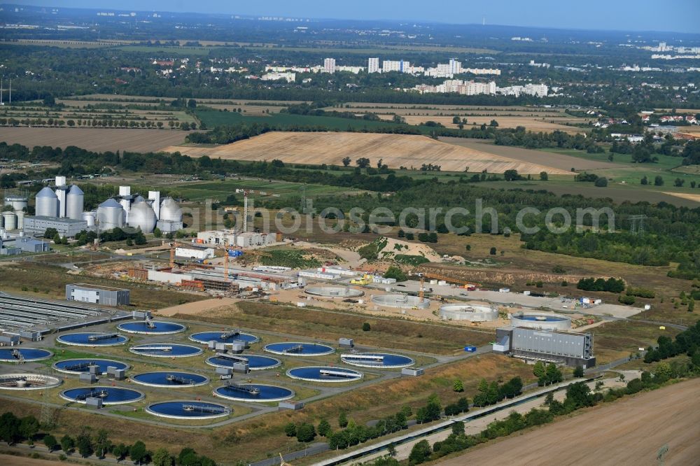 Waßmannsdorf from above - New construction site and extension of the sewage treatment basins and purification stages Berliner Wasserbetriebe Klaerwerk Wassmannsdorf in Wassmannsdorf in the state Brandenburg, Germany