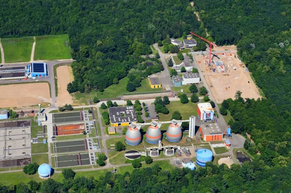 Forchheim from above - New construction site and extension of the sewage treatment basins and purification stages in Forchheim in the state Baden-Wurttemberg, Germany