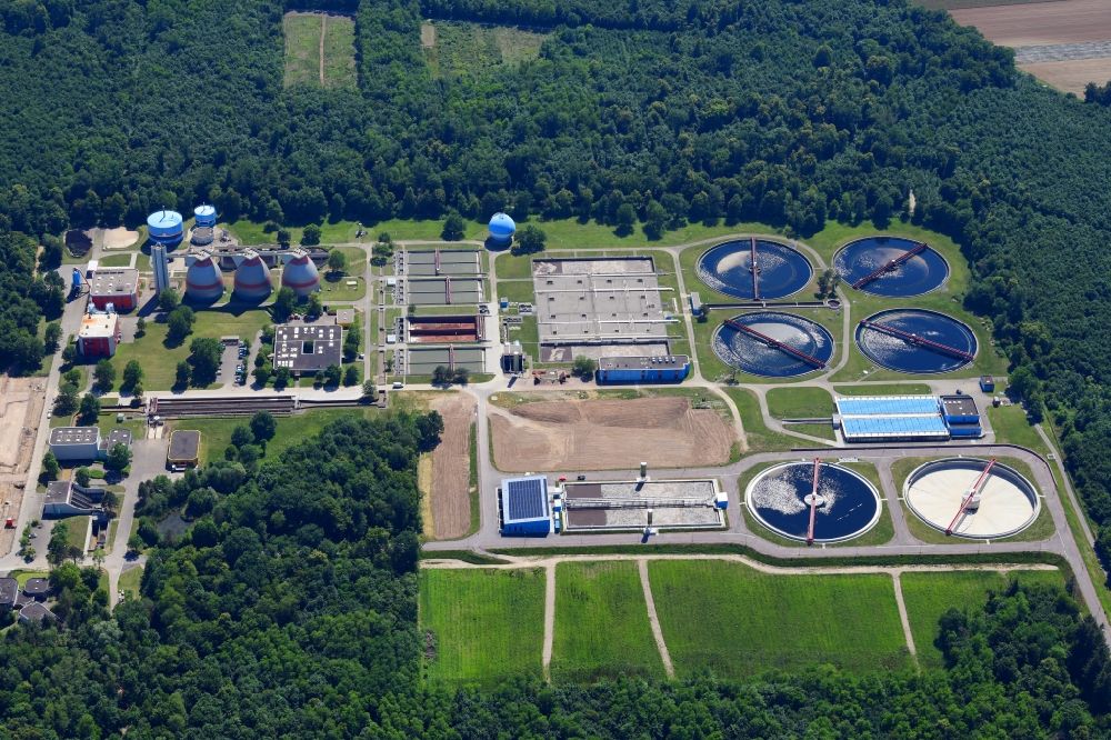Forchheim from the bird's eye view: New construction site and extension of the sewage treatment basins and purification stages in Forchheim in the state Baden-Wurttemberg, Germany