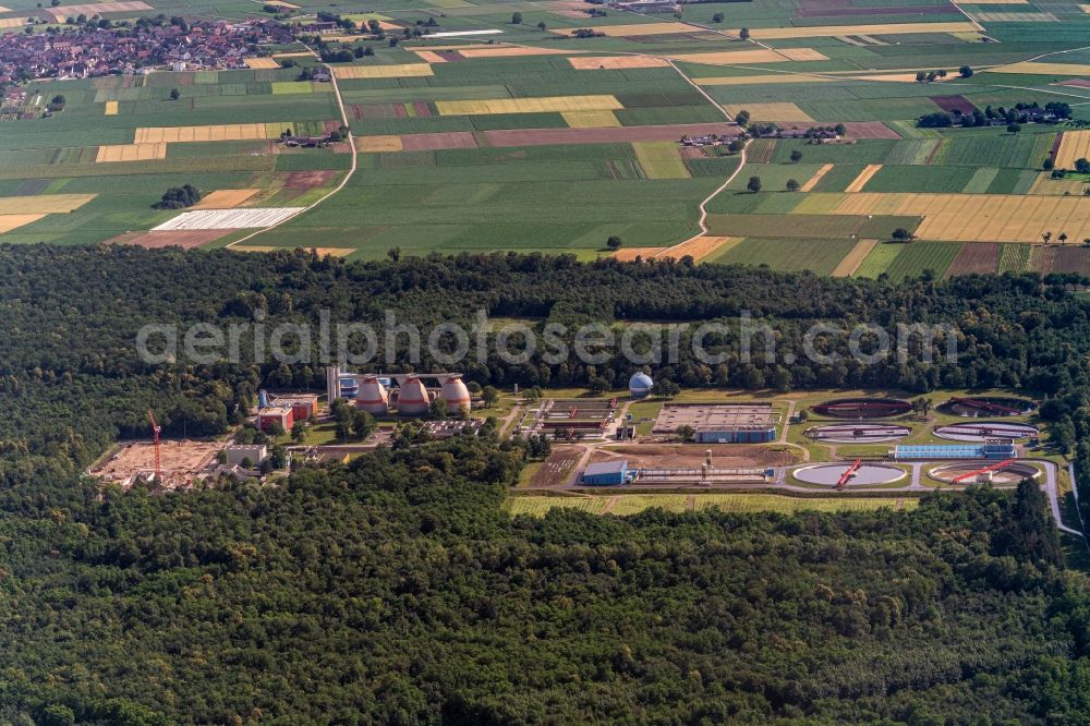 Forchheim from above - New construction site and extension of the sewage treatment basins and purification stages in Forchheim in the state Baden-Wurttemberg, Germany