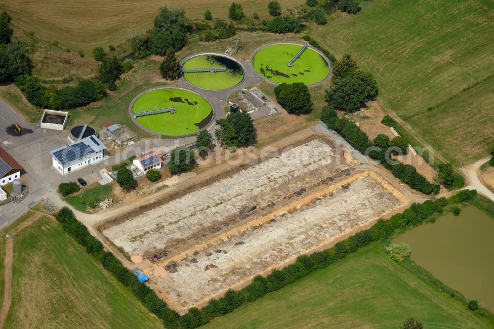 Gisseltshausen from the bird's eye view: New construction site and extension of the sewage treatment basins and purification stages on street Pfeffenhausener Strasse in Gisseltshausen in the state Bavaria, Germany