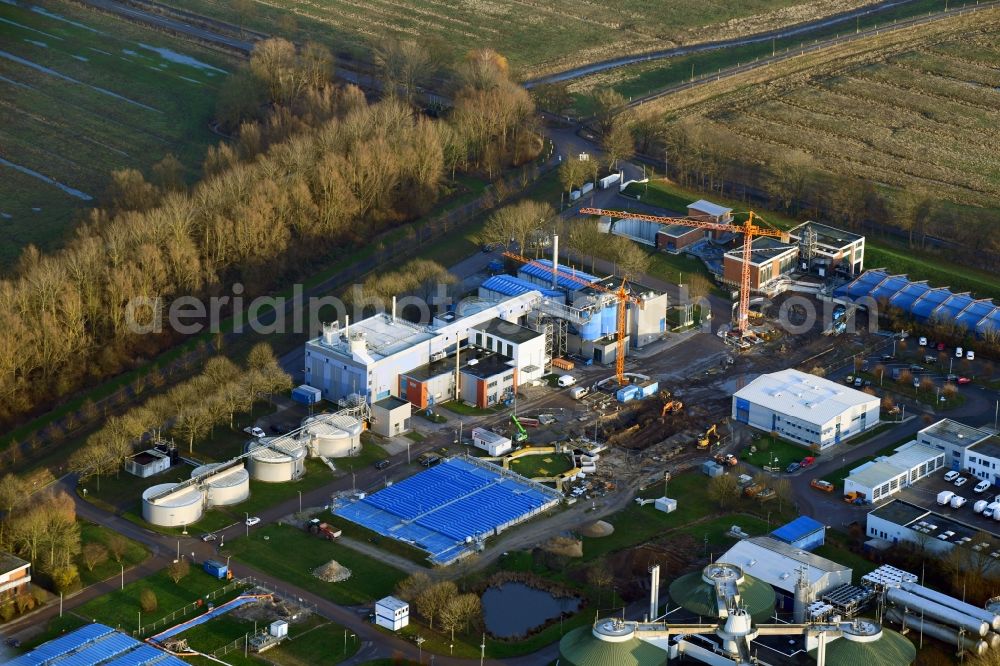 Hetlingen from above - New construction site and extension of the sewage treatment basins and purification stages in the district Hetlinger Schanze in Hetlingen in the state Schleswig-Holstein, Germany