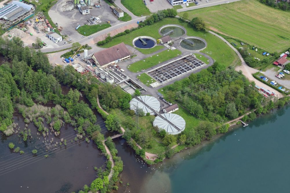 Wehr from above - New construction site and extension of the sewage treatment basins and purification stages in Wehr in the state Baden-Wurttemberg, Germany