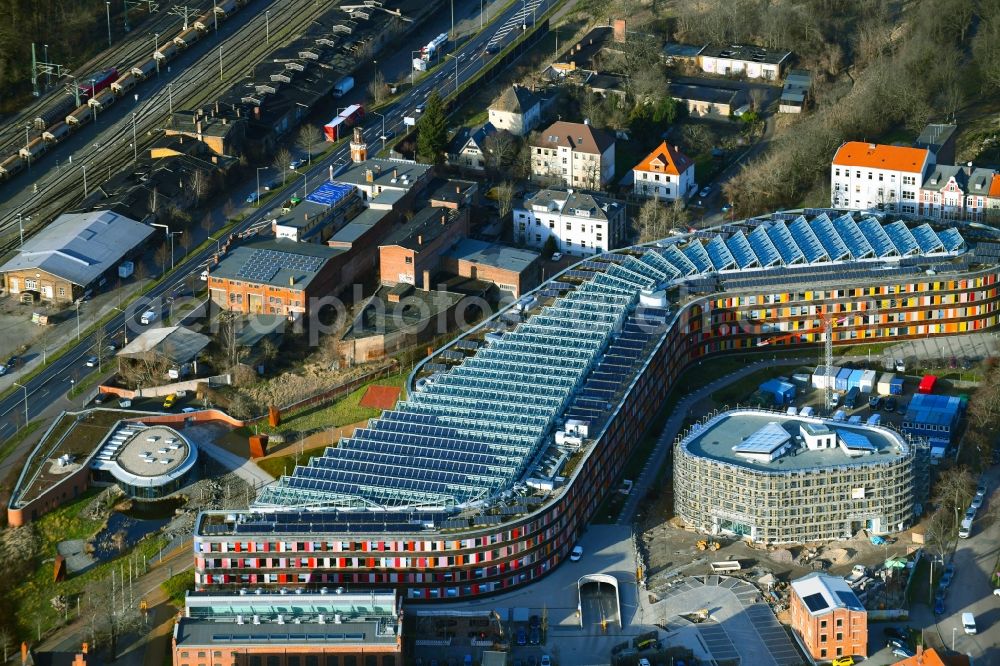Dessau from above - Construction site of building of the State Authority UBA Umweltbundesamt Woerlitzer Platz in Dessau in the state Saxony-Anhalt, Germany