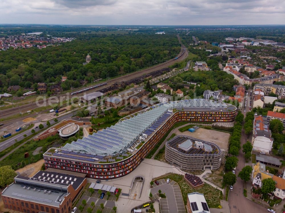 Dessau from the bird's eye view: Construction site of building of the State Authority UBA Umweltbundesamt Woerlitzer Platz in Dessau in the state Saxony-Anhalt, Germany