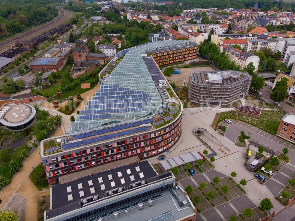 Aerial image Dessau - Construction site of building of the State Authority UBA Umweltbundesamt Woerlitzer Platz in Dessau in the state Saxony-Anhalt, Germany