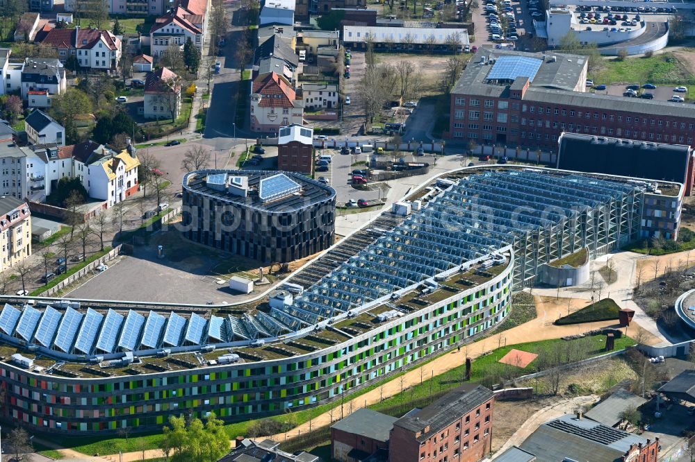 Dessau from above - Construction site of building of the State Authority UBA Umweltbundesamt Woerlitzer Platz in Dessau in the state Saxony-Anhalt, Germany
