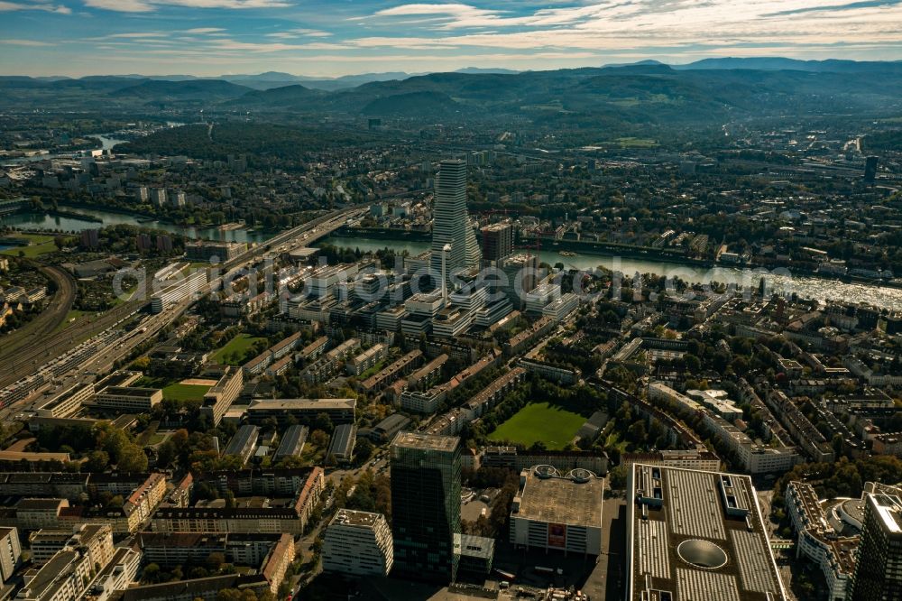 Aerial image Basel - Extension construction sites on the premises of the pharmaceutical company Roche with the cityscape-defining high-rise buildings in Basel in Switzerland