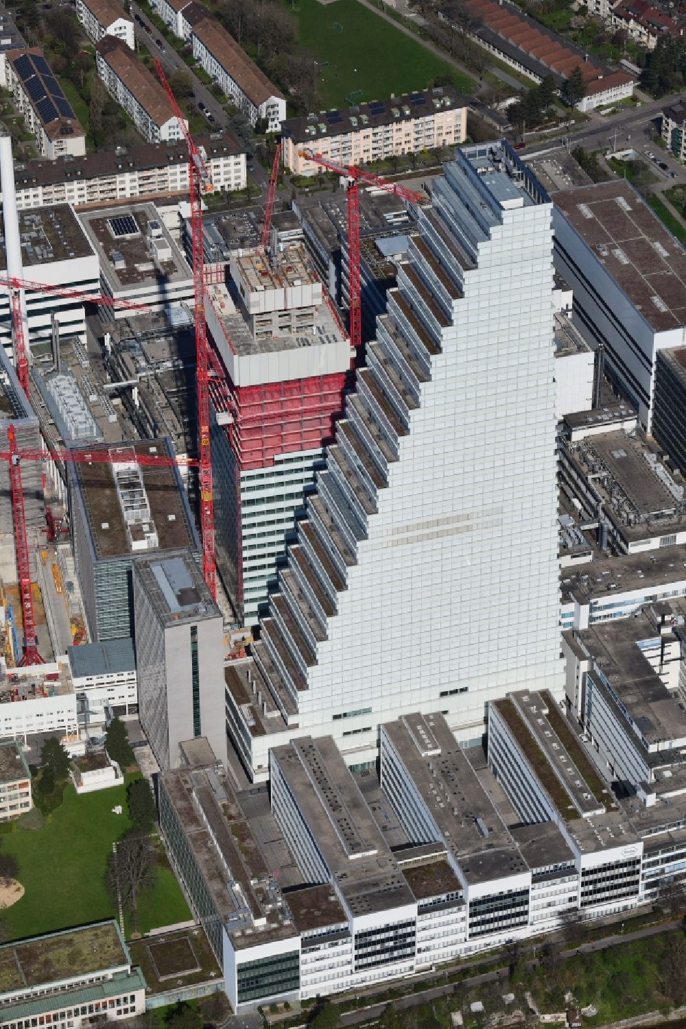 Aerial image Basel - Extension construction sites on the premises of the pharmaceutical company Roche with the cityscape-defining high-rise building in Basel in Switzerland. Construction works for the second tower are visible