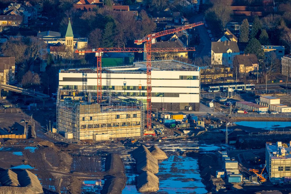 Bochum from above - Extension of new building site at the building complex of the institute Zentrum fuer Theoretische and Integrative Neuro- and Kognitionswissenschaft (THINK) on street Hans-Dobbertin-Strasse in the district Laer in Bochum at Ruhrgebiet in the state North Rhine-Westphalia, Germany