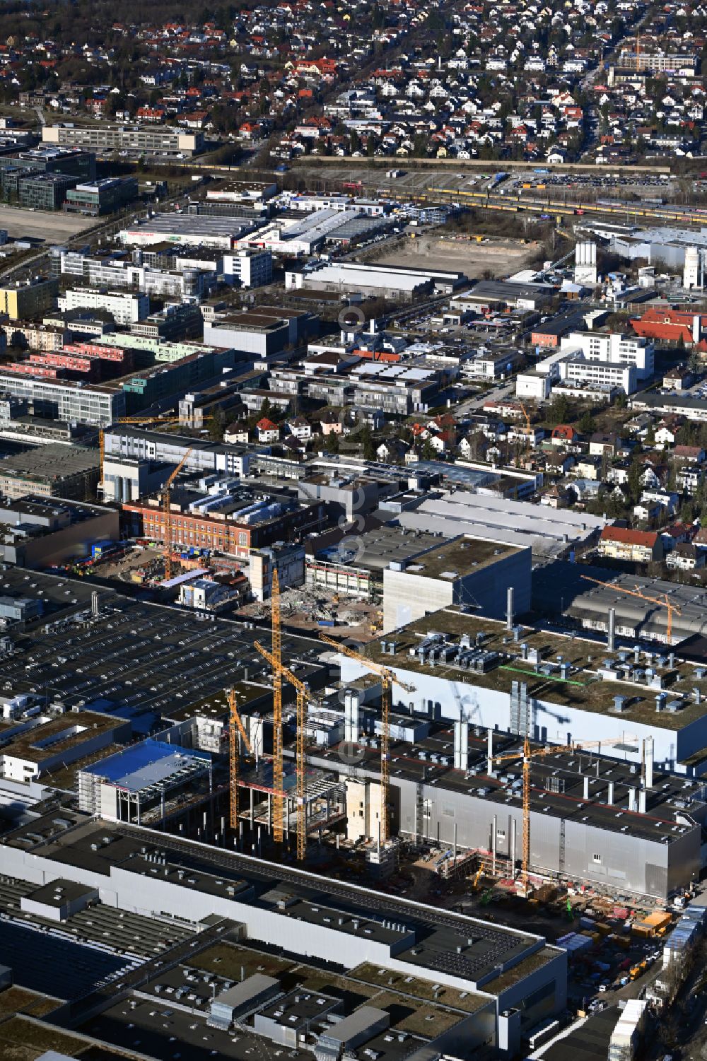 Aerial photograph München - Extension - new building - construction site on the factory premises of BMW AG on street Lerchenauer Strasse in the district Milbertshofen in Munich in the state Bavaria, Germany