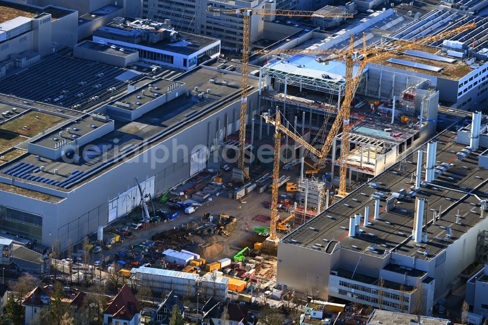 München from above - Extension - new building - construction site on the factory premises of BMW AG on street Lerchenauer Strasse in the district Milbertshofen in Munich in the state Bavaria, Germany