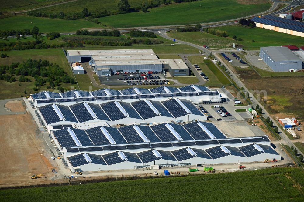 Grabfeld from above - Extension - new building - construction site on the factory premises of DEKO Messezentrum AG Im Oberen Weidig in the district Queienfeld in Grabfeld in the state Thuringia, Germany
