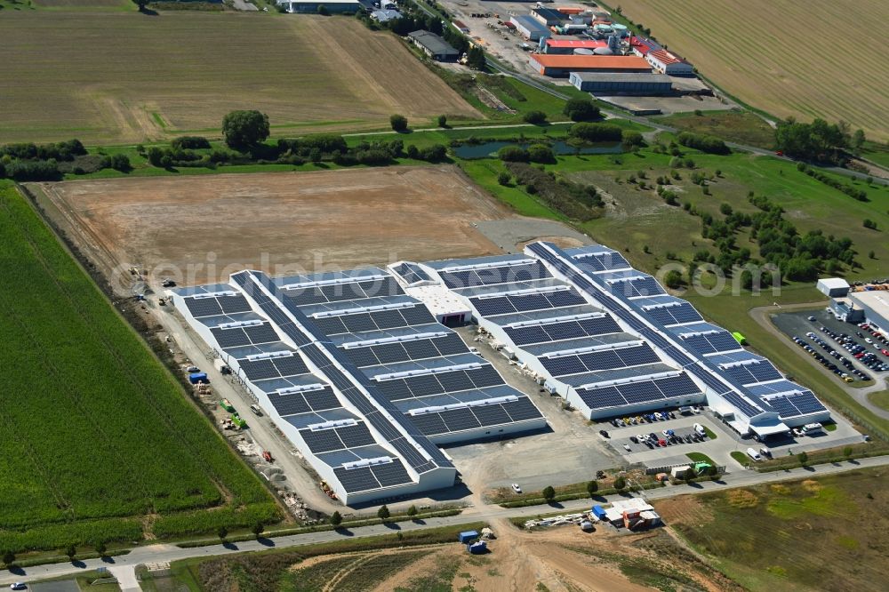 Aerial image Grabfeld - Extension - new building - construction site on the factory premises of DEKO Messezentrum AG Im Oberen Weidig in the district Queienfeld in Grabfeld in the state Thuringia, Germany