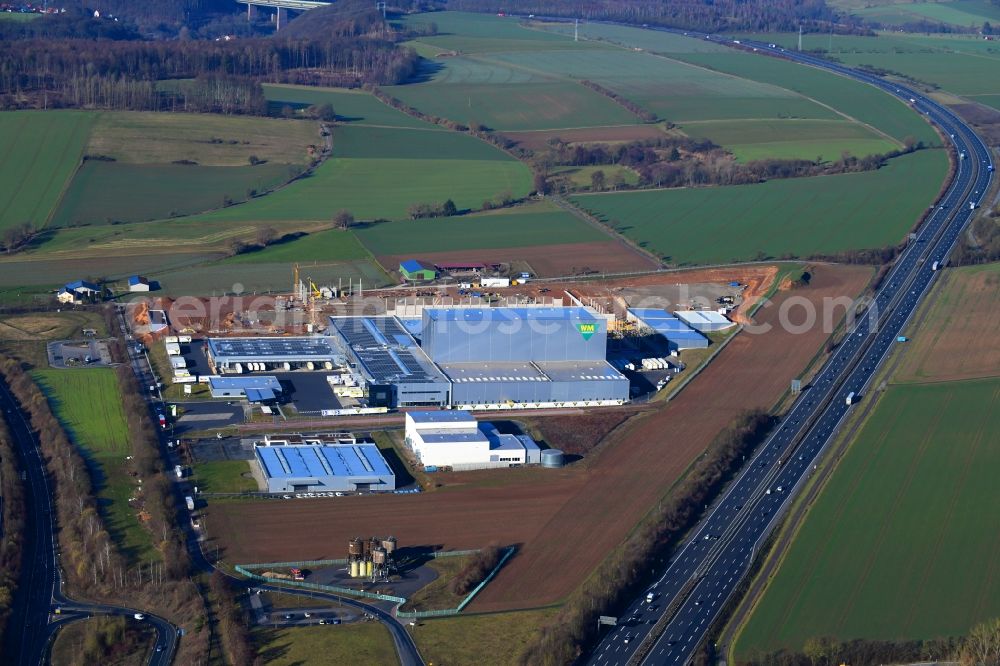 Hann. Münden from above - Extension - new building - construction site on the factory premises on Hans-Heiner-Mueller-Allee in the district Hedemuenden in Hann. Muenden in the state Lower Saxony, Germany