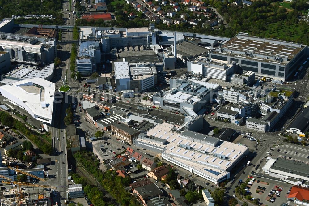 Aerial photograph Stuttgart - Extension - new building - construction site on the factory premises of Porsche Niederlassung Stuttgart GmbH on Porschestrasse in the district Zuffenhausen-Schuetzenbuehl in Stuttgart in the state Baden-Wuerttemberg, Germany