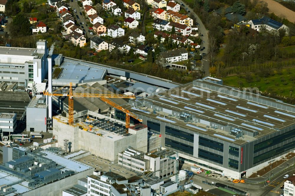 Stuttgart from above - Extension - new building - construction site on the factory premises of Porschewerkes in the district Zuffenhausen-Schuetzenbuehl in Stuttgart in the state Baden-Wurttemberg, Germany